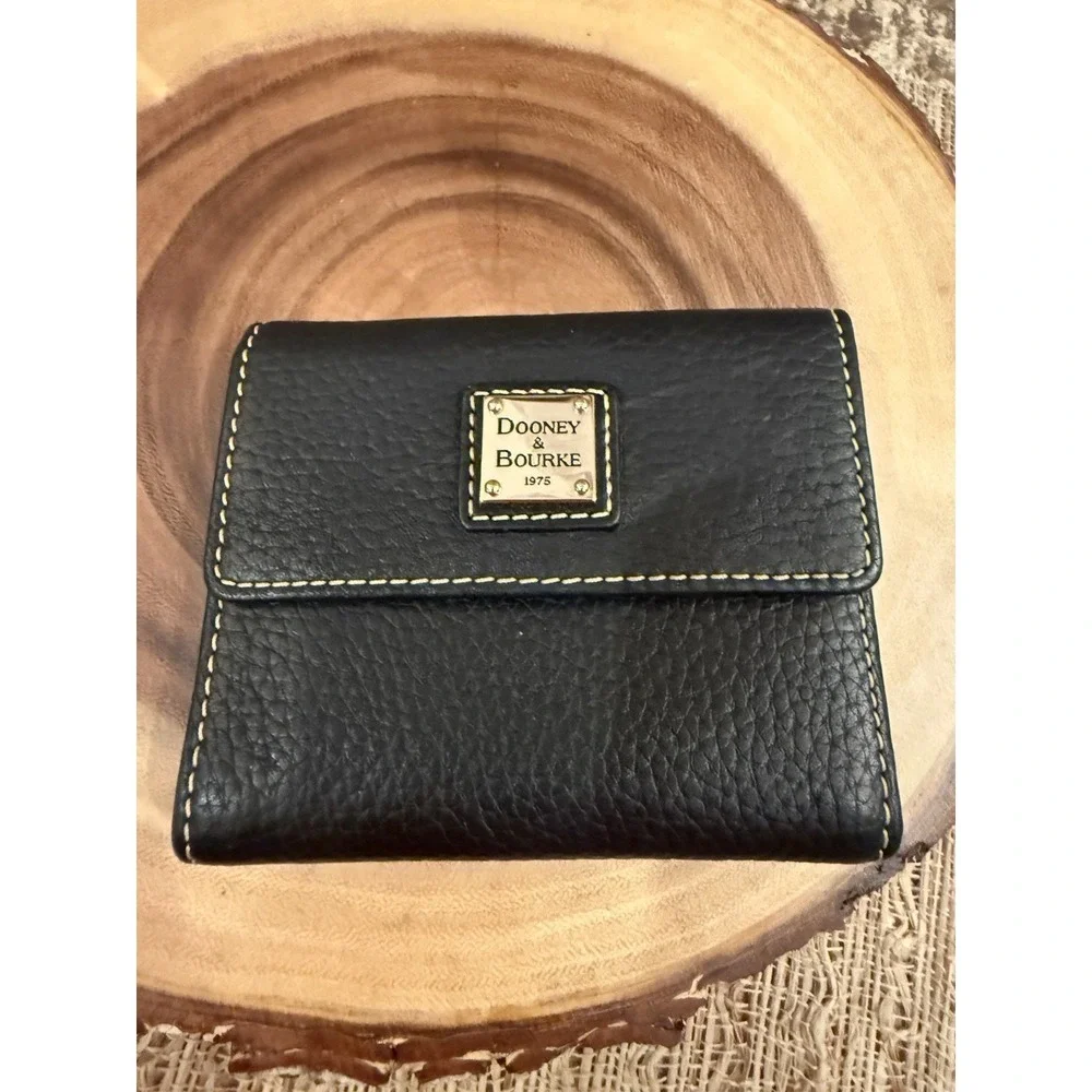 Dooney & Bourke Pebble Grain Leather Flap Zip Wallet BLACK Tri Fold